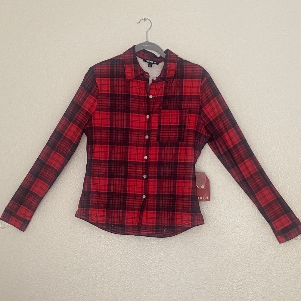 FOREVER 21 Red and Black Plaid Sherpa-Lined Shirt. Size S